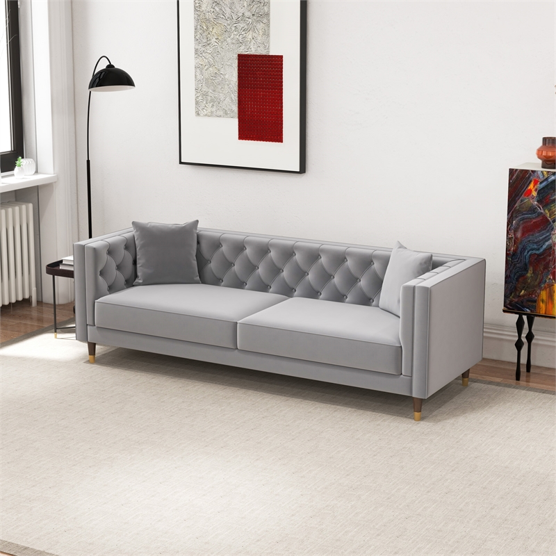 Lana Living Room Tufted Velvet Upholstered Couch in Light Gray