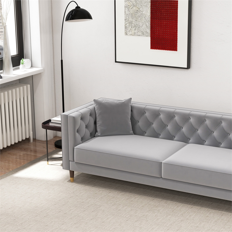Lana Living Room Tufted Velvet Upholstered Couch in Light Gray