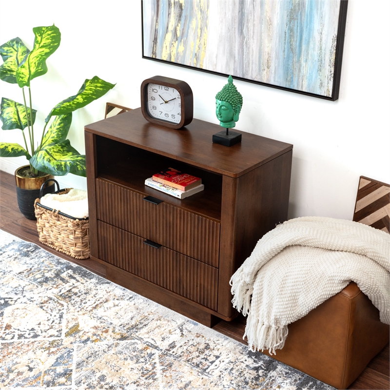 Carla Mid Century Modern Solid Wood Walnut Nightstand with 2 Drawers