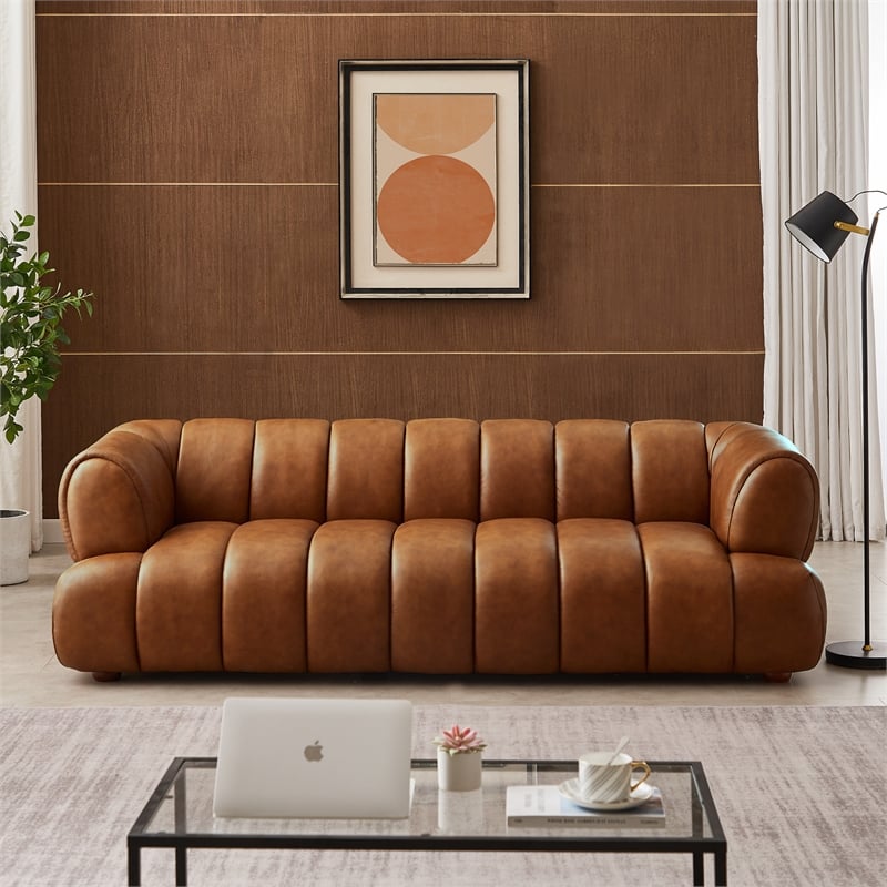 Roven Mid-Century Modern Luxury Living Room Couch in Cognac Tan Leather