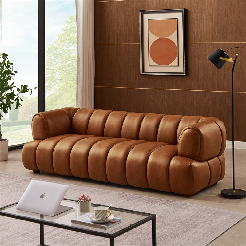Roven Mid-Century Modern Luxury Living Room Couch in Cognac Tan Leather