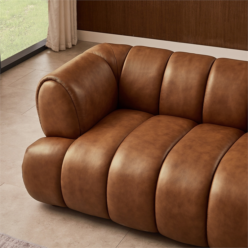 Roven Mid-Century Modern Luxury Living Room Couch in Cognac Tan Leather