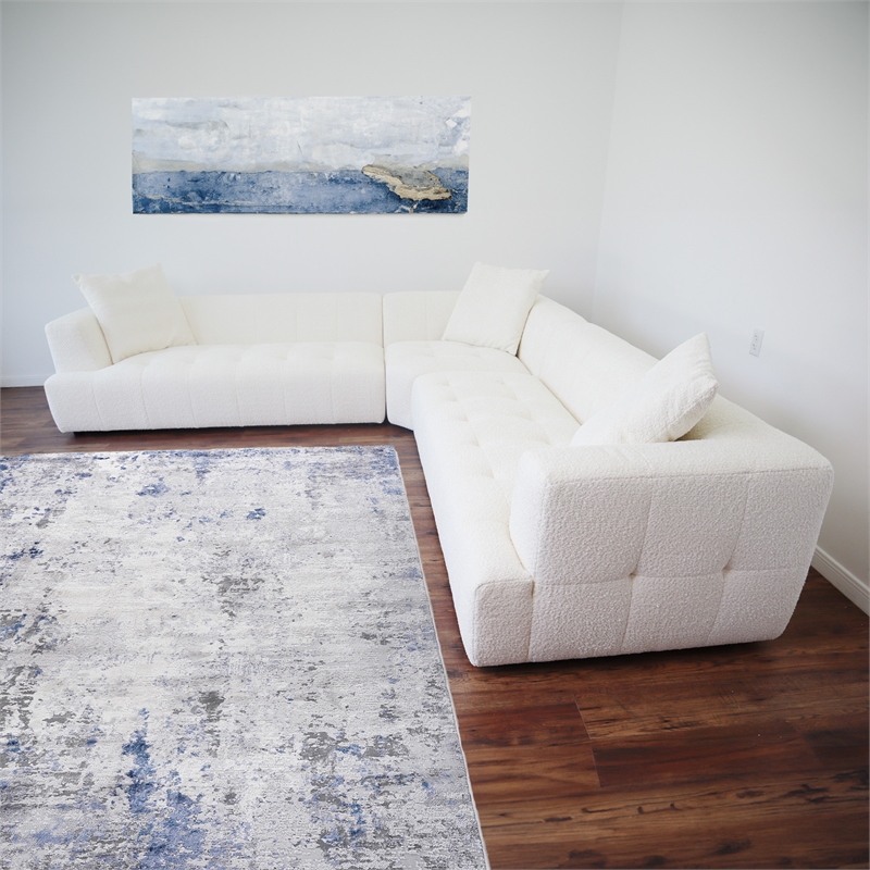 Kayzer Mid-Century Modern Ivory Boucle Fabric Corner Sofa