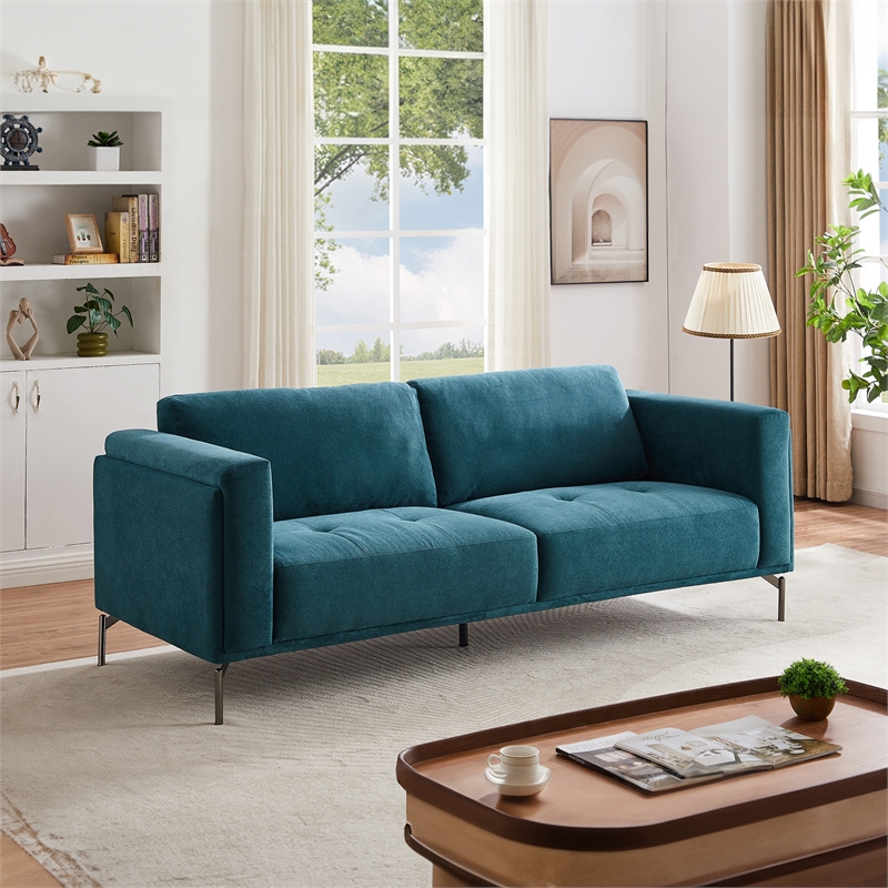 Ashcroft Sheridan Linen Fabric Upholstered Sofa in Blue