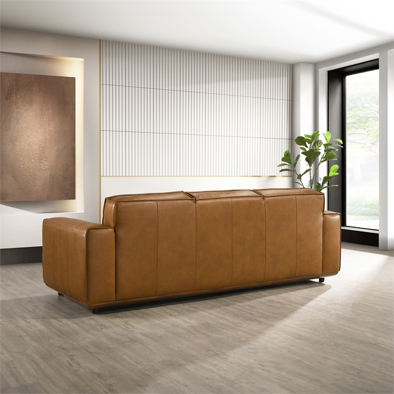 Bannerman Mid Century Modern Furniture Style Living Room Leather Sofa in Tan