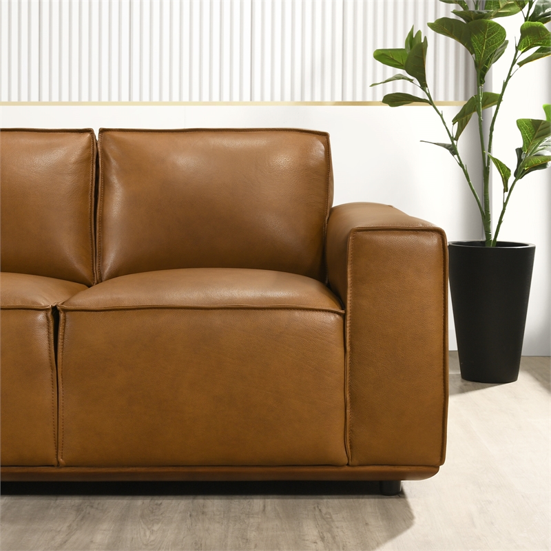 Bannerman Mid Century Modern Furniture Style Living Room Leather Sofa in Tan