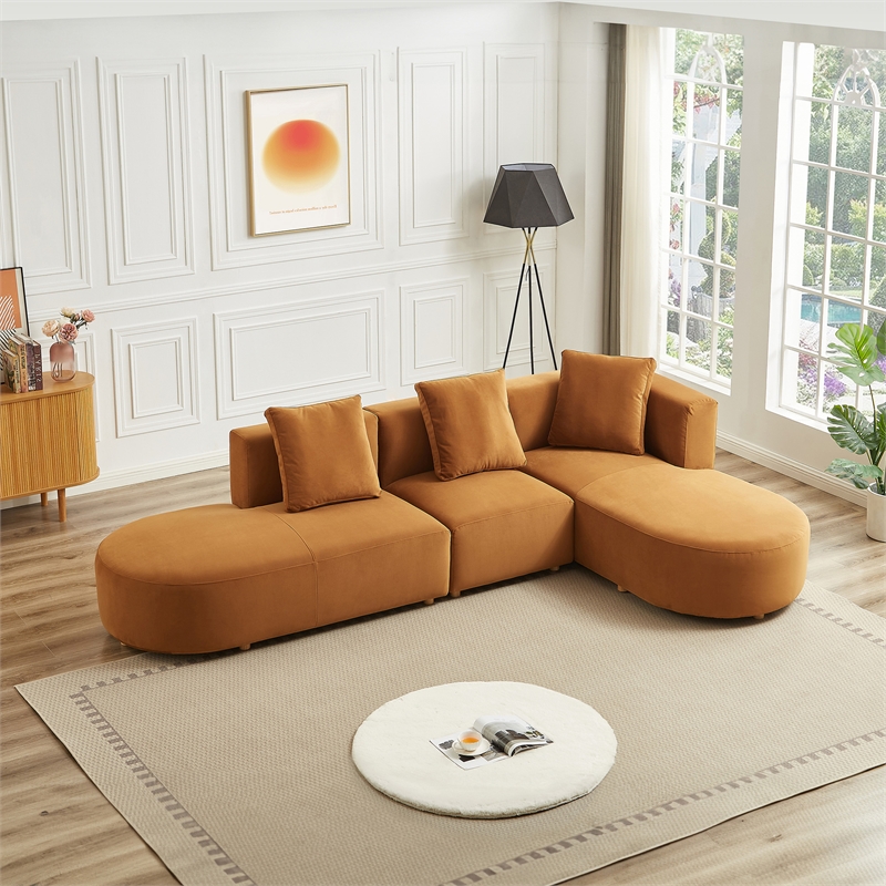 Ulysses Mid-Century L-Shaped Cognac Brown Velvet Right-Facing Sectional Sofa