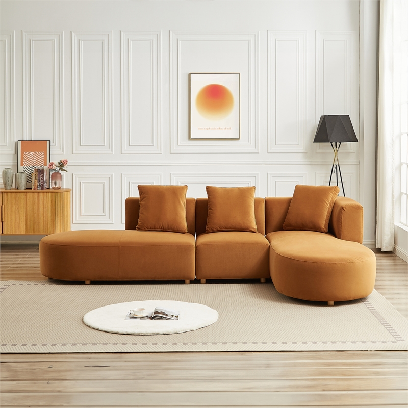 Ulysses Mid-Century L-Shaped Cognac Brown Velvet Right-Facing Sectional Sofa
