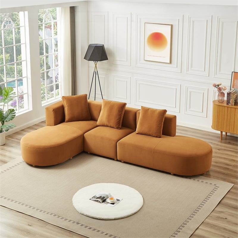 Ulysses Mid-Century L-Shaped Cognac Brown Velvet Left-Facing Sectional Sofa