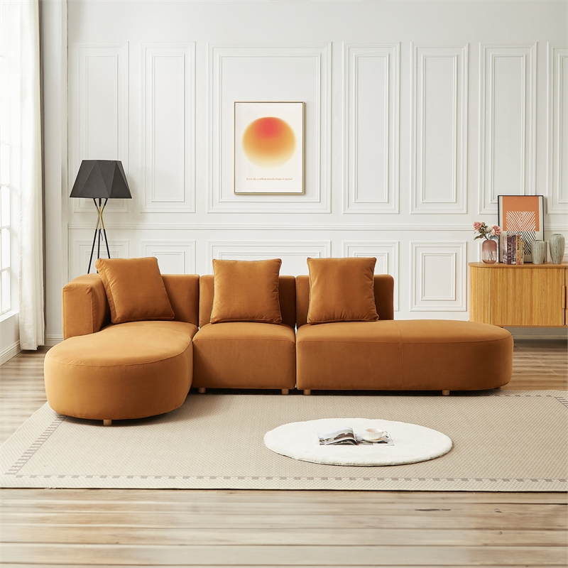Ulysses Mid-Century L-Shaped Cognac Brown Velvet Left-Facing Sectional Sofa