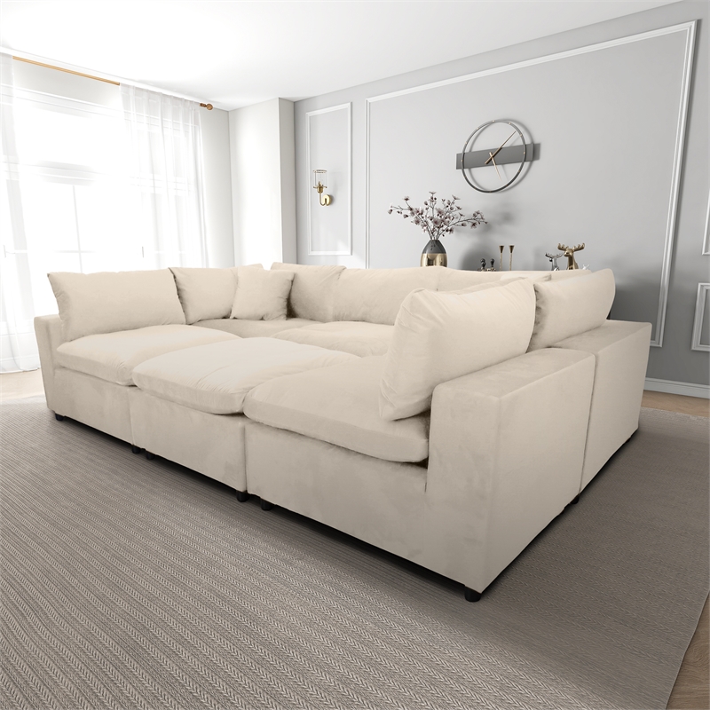 Fremont Mid Century Modern Modular Ivory Velvet Comfy Sectional Couch