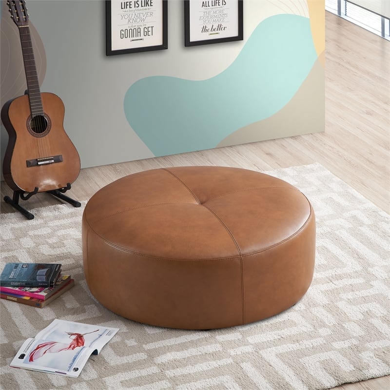Roshbach Round Mid-Century Genuine Leather Ottoman in Tan