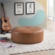 Roshbach Round Mid-Century Genuine Leather Ottoman in Tan