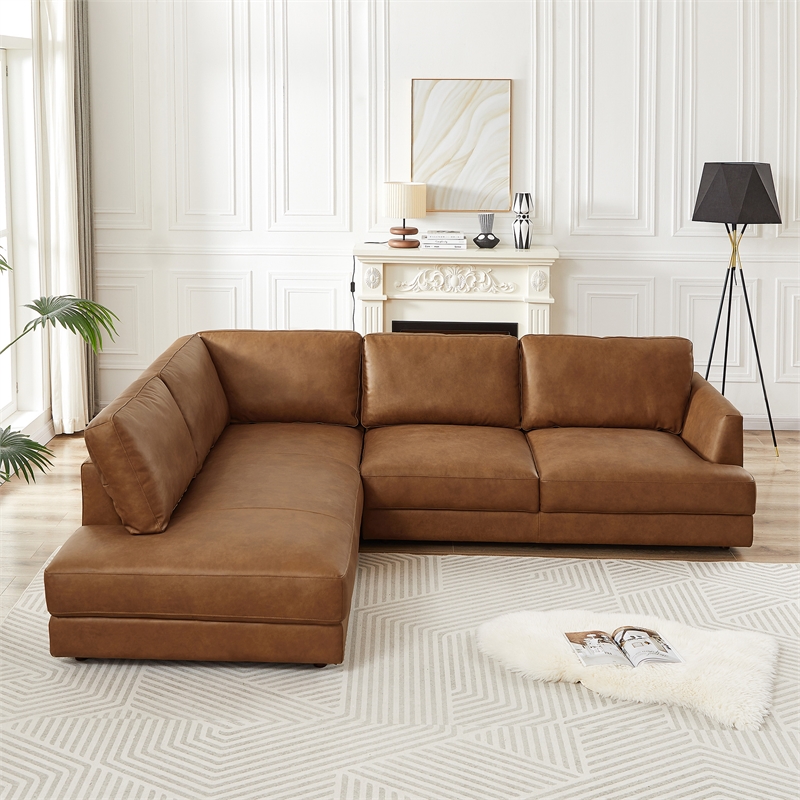 Griffith Upholstered Left-Facing Leather Sectional Sofa in Cognac Tan