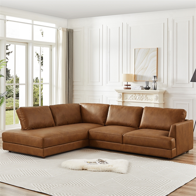 Griffith Upholstered Left-Facing Leather Sectional Sofa in Cognac Tan