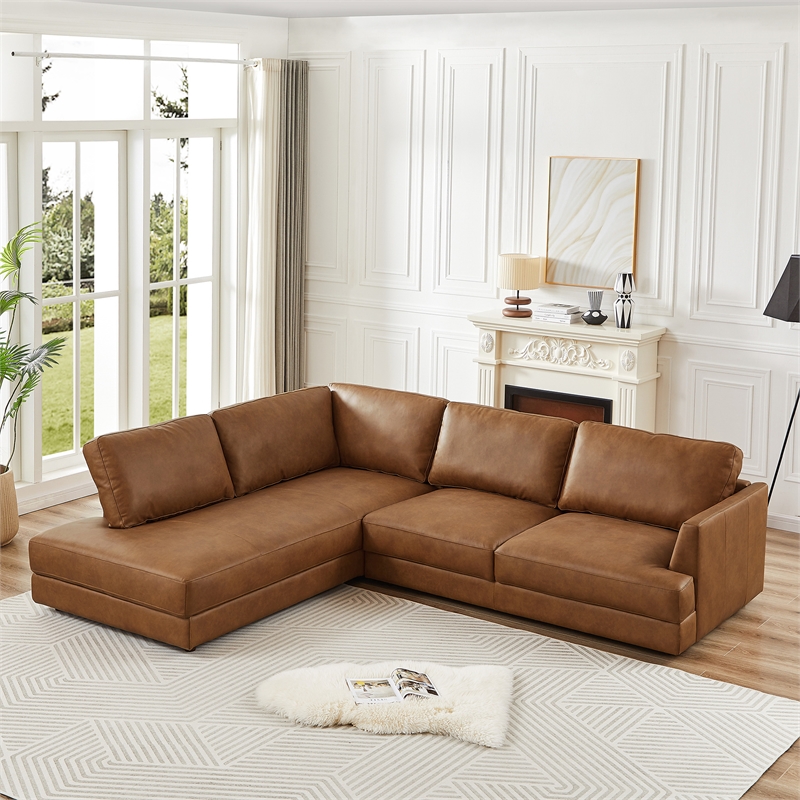 Griffith Upholstered Left-Facing Leather Sectional Sofa in Cognac Tan