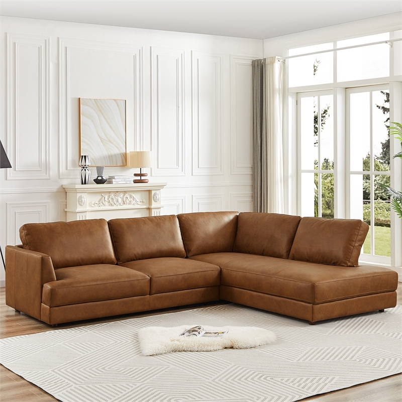 Griffith Upholstered Right-Facing Leather Sectional Sofa in Cognac Tan