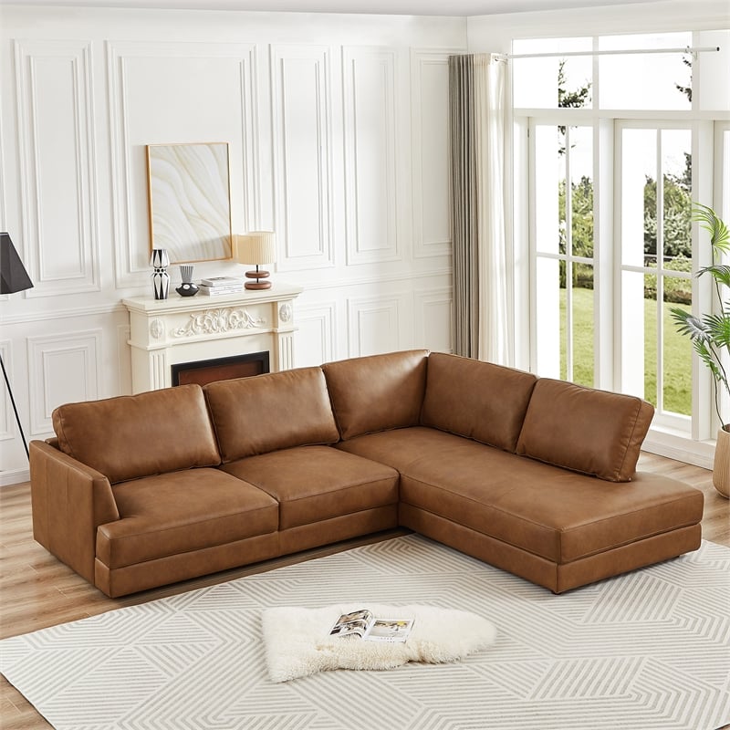Griffith Upholstered Right-Facing Leather Sectional Sofa in Cognac Tan