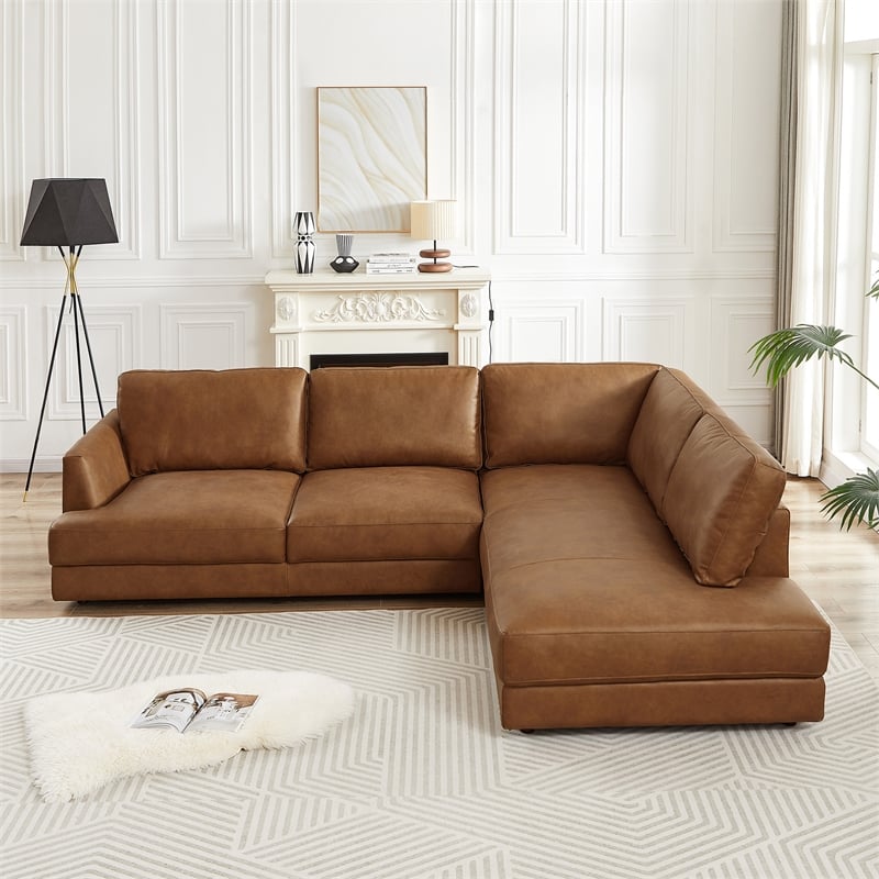 Griffith Upholstered Right-Facing Leather Sectional Sofa in Cognac Tan