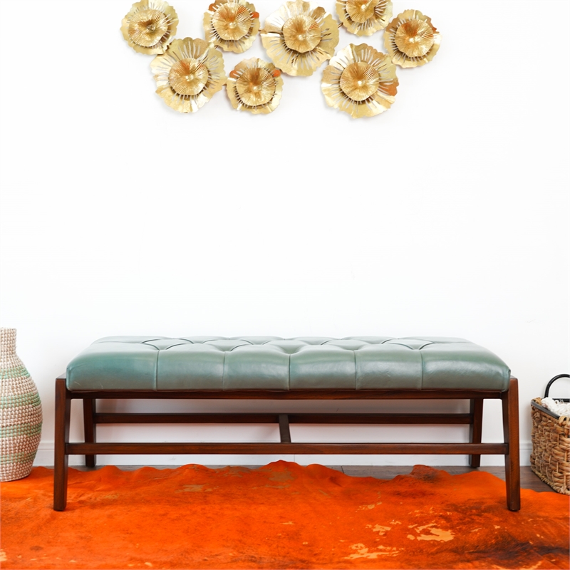 Friendswood Mid-Century Modern Upholstered Leather Bench in Green