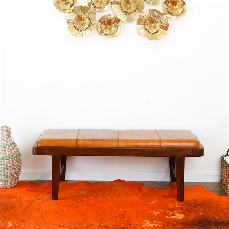 Graceland Mid-Century Modern Upholstered Leather Bench in Tan