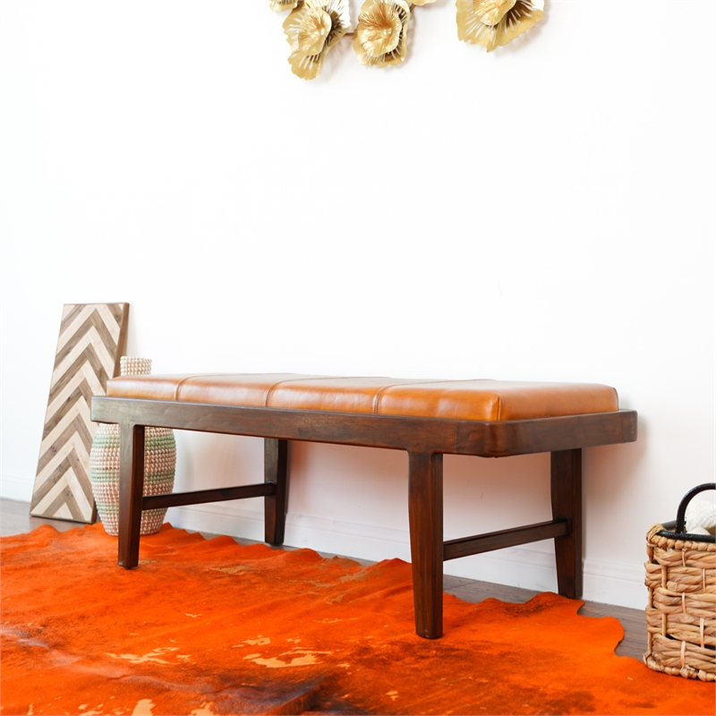Graceland Mid-Century Modern Upholstered Leather Bench in Tan