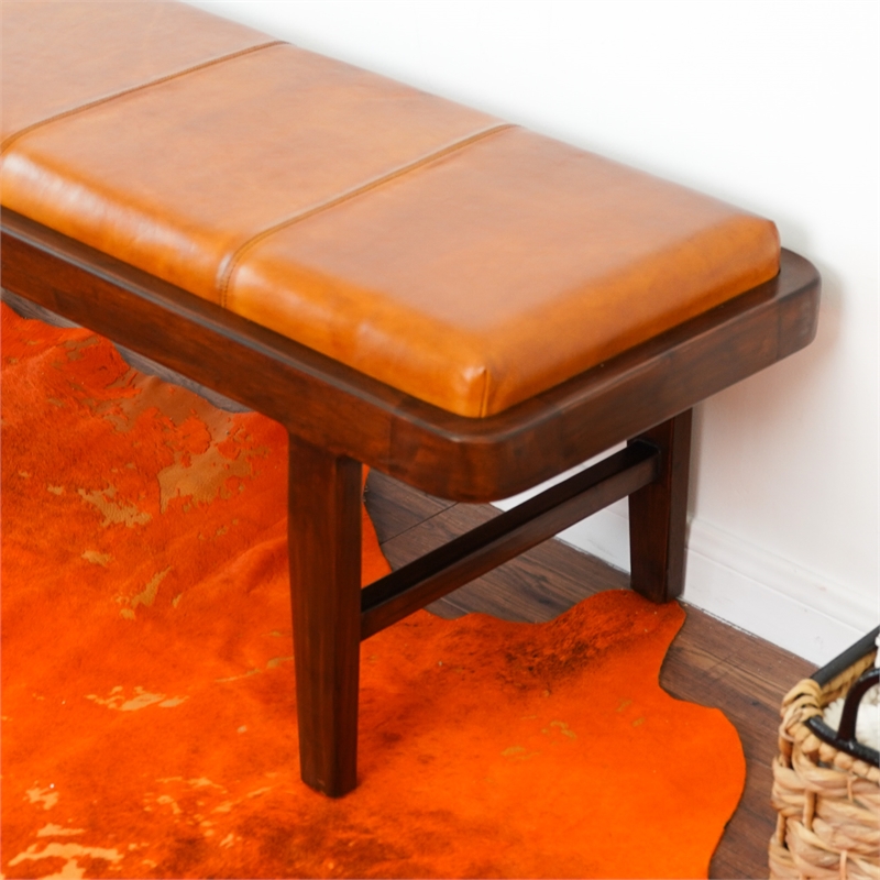 Graceland Mid-Century Modern Upholstered Leather Bench in Tan