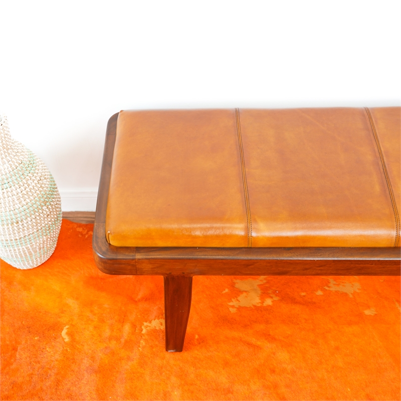Graceland Mid-Century Modern Upholstered Leather Bench in Tan