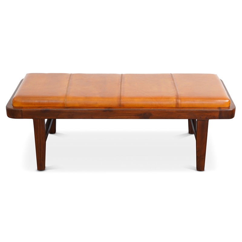 Graceland Mid-Century Modern Upholstered Leather Bench in Tan