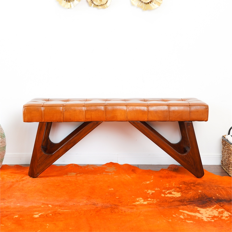 Mid-Century Modern Upholstered Leather Bench in Tan
