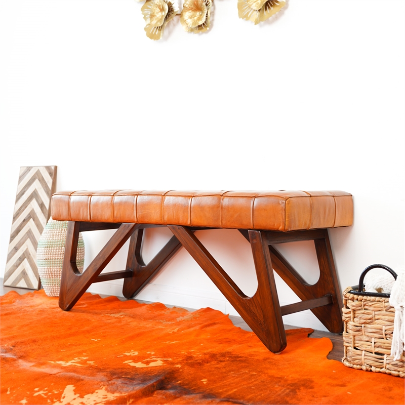 Mid-Century Modern Upholstered Leather Bench in Tan