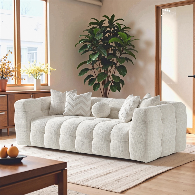 Phoenix Ivory Chenille Upholstered 3-Seater Sofa with Tufting and Accent Pillows