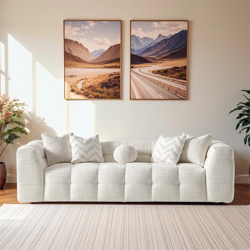 Phoenix Ivory Chenille Upholstered 3-Seater Sofa with Tufting and Accent Pillows