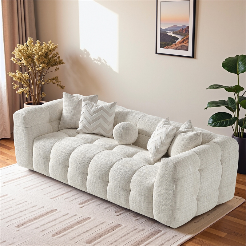 Phoenix Ivory Chenille Upholstered 3-Seater Sofa with Tufting and Accent Pillows