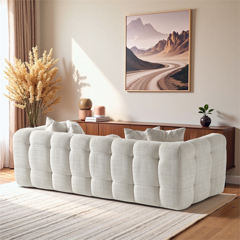 Phoenix Ivory Chenille Upholstered 3-Seater Sofa with Tufting and Accent Pillows