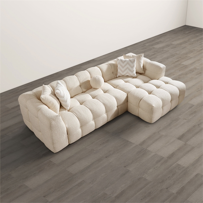 Phoenix Mid Century Living Room Puffy Sectional Fabric Sofa in Ivory Boucle