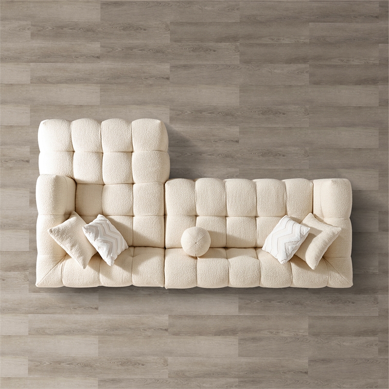 Phoenix Mid Century Living Room Puffy Sectional Fabric Sofa in Ivory Boucle
