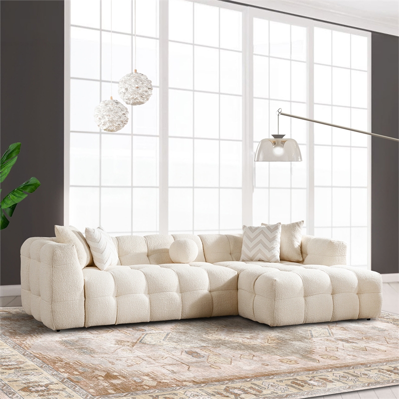 Phoenix Mid Century Living Room Puffy Sectional Fabric Sofa in Ivory Boucle