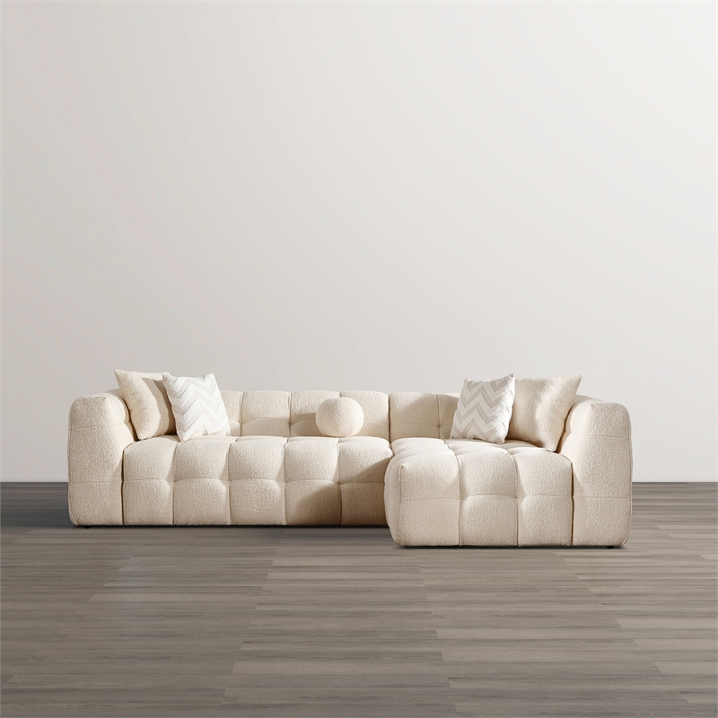 Phoenix Mid Century Living Room Puffy Sectional Fabric Sofa in Ivory Boucle