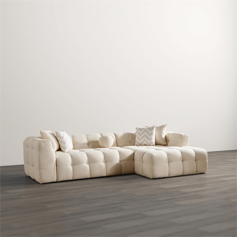 Phoenix Mid Century Living Room Puffy Sectional Fabric Sofa in Ivory Boucle