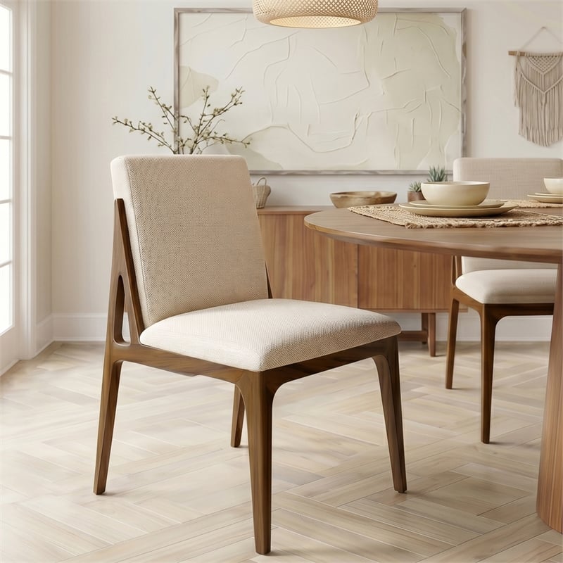 Portland Mid Century Modern Dining Chairs in Cream Fabric ( Set Of 2)
