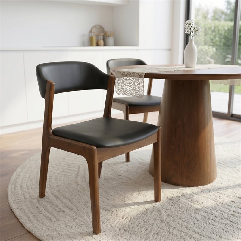 Essex Mid Century Modern Dining Chairs in Black Vegan Leather (Set of 2)
