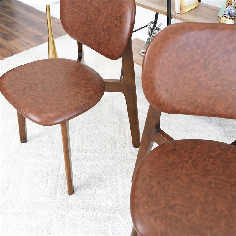 Korel Mid Century Modern Dining Chairs in Brown Vegan Leather (Set of 2)
