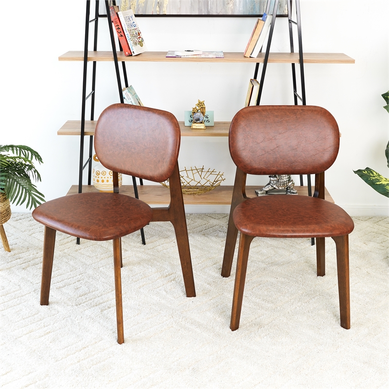 Korel Mid Century Modern Dining Chairs in Brown Vegan Leather (Set of 2)
