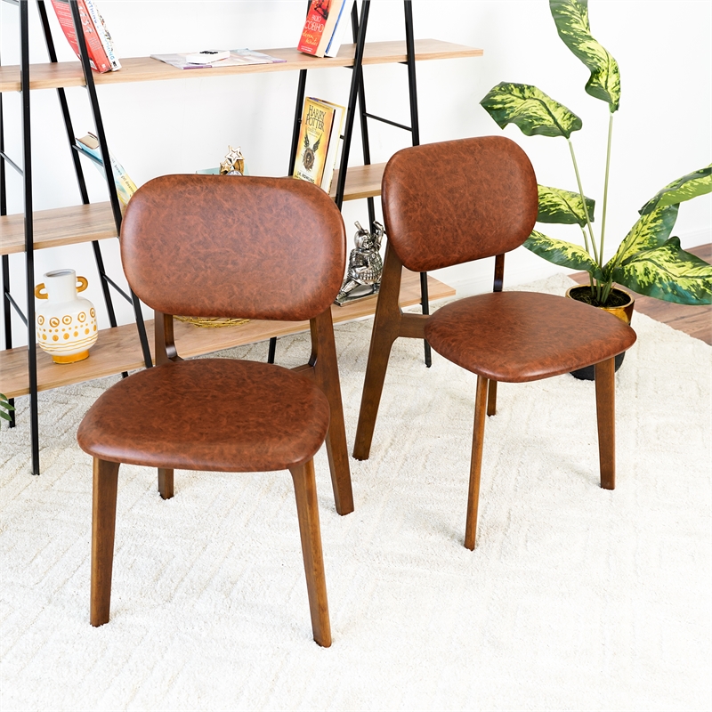 Korel Mid Century Modern Dining Chairs in Brown Vegan Leather (Set of 2)