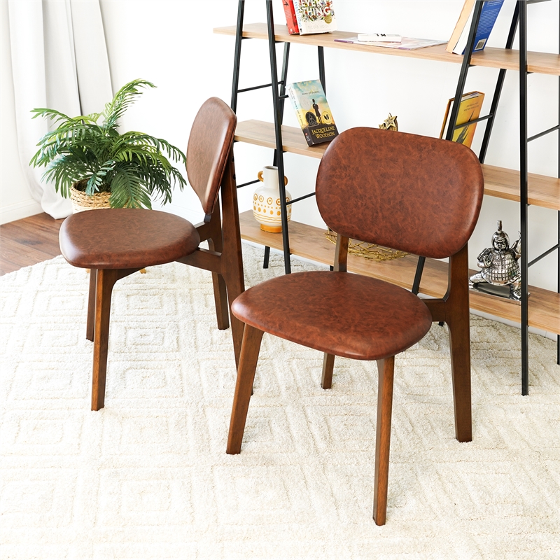 Korel Mid Century Modern Dining Chairs in Brown Vegan Leather (Set of 2)