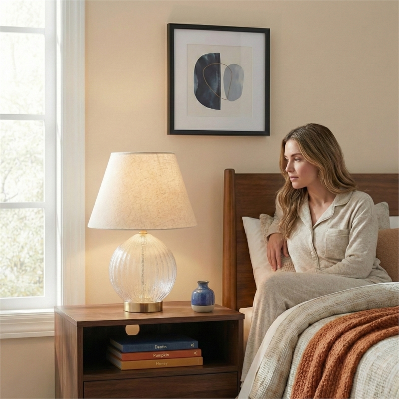 Tranquil Glow Serenity Round Ribbed Glass&Metal Brass Table Lamp