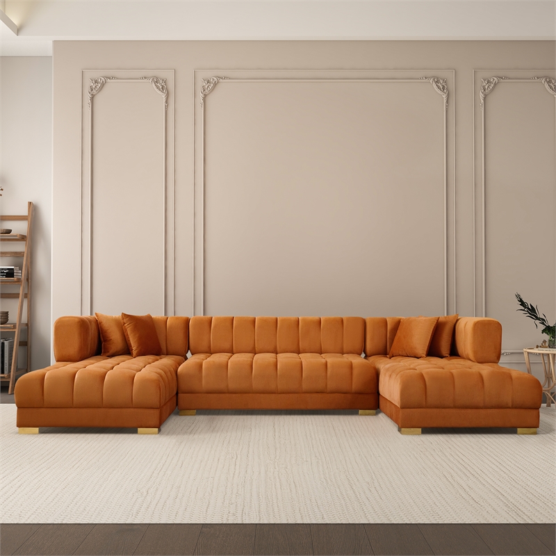 Luna Mid-Century Modern U-Shape Cognac Tan Velvet Corner Sectional Sofa