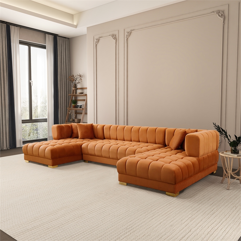 Luna Mid-Century Modern U-Shape Cognac Tan Velvet Corner Sectional Sofa