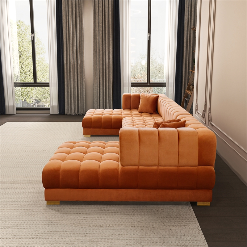 Luna Mid-Century Modern U-Shape Cognac Tan Velvet Corner Sectional Sofa